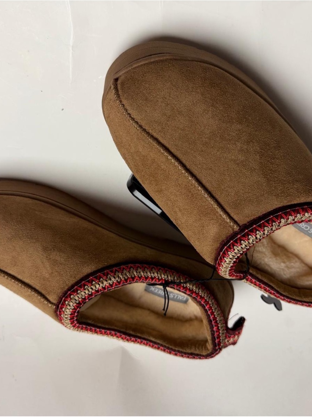 Falls Creek Brown Suede Slip-On Slippers with Red Trim